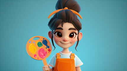 A vibrant 3D headshot illustration of a cartoon girl artist, sporting a bright orange apron and...