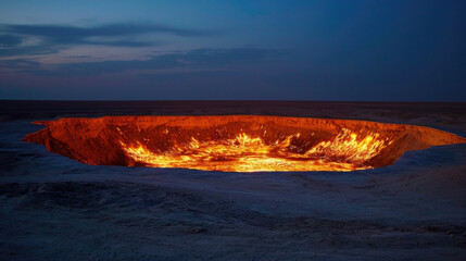 Staring into the flaming gas crater known as the Door to Hell In Darvaza, Turkmenistan