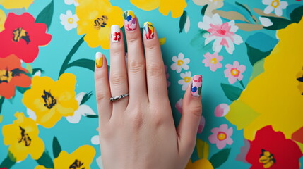 Spring nail art, beauty hand manicure polish nails. Fingernails care closeup