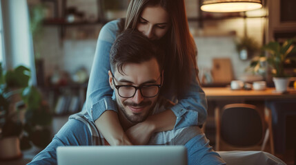 Couple using laptop, hugging and smile. 