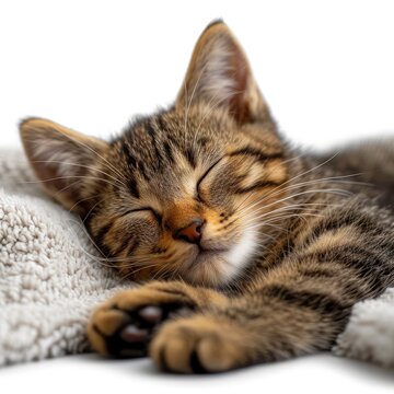 Closeup Cute Young Cat Sleep On White Background, Illustrations Images