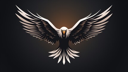 American eagle with spread wings on isolated dark background. Flying bald eagle logo.