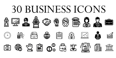Business icon set, work and people icon set, black and white icons for business