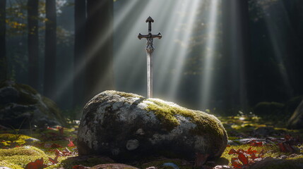 Sword King Arthur Excalibur in a stone in the forest, a ray of light reflected on the sword