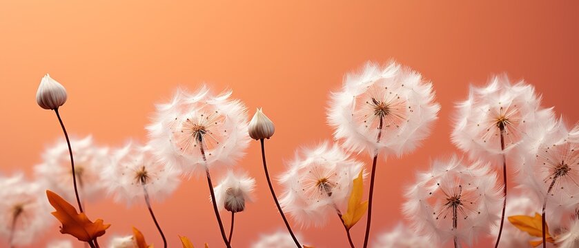 Fluffy white dandelions on peach background. White dandelions for wallpaper. Flower banner. © Danyilo