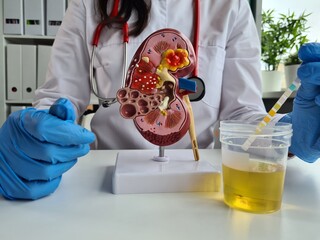 Doctor Holding Urine Test Strip Near Kidney Model for Kidney Disease Check