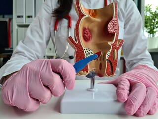 Doctors gloved hands holding a scalpel near a model of the human rectum with hemorrhoids.