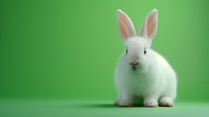 Obraz premium Cute white bunny on a green background. Minimal Easter background. Bunnycore