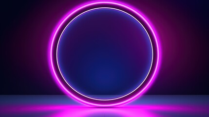 Round neon frame for product presentation. Abstract glowing neon shape. Purple neon circle.