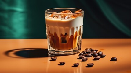 Ice coffee in a glass with coffee beans beside. A glass of espresso shot mixed with cold fresh milk.