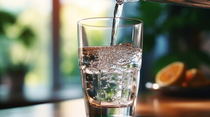 Water pouring into a glass on a wooden table. Close up photo of a glass of water. Glass of water.