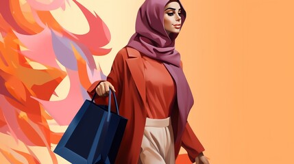 Young muslim woman with shopping bags. Woman in hijab holding shopping bags. Stylish woman in hijab.