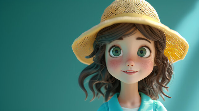 A vibrant and charming 3D headshot illustration of a cartoon girl with a stylish hat and a teal tunic. This adorable character exudes confidence and positivity, ready to add a dash of whimsy