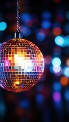 Bright glowing disco ball. Colorful light with a disco ball at a club. Disco ball with bokeh lights.