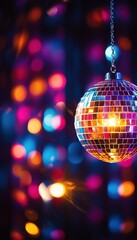Colorful disco ball at a nightclub. Colourful shiny disco sphere. Bright lights at a club.