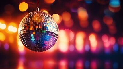 Fototapeta premium Bright glowing disco ball. Colorful light with a disco ball at a club. Disco ball with bokeh lights.