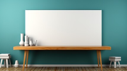 Blank white frame hanging behind a wooden desk in home office. Empty white frame hanging on a wall.