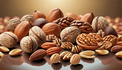 a collection of nuts like almonds walnuts and pecans isolated on a background  - obrazy, fototapety, plakaty