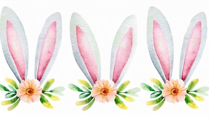 watercolor illustration of easter bunny ears with flower easter rabbit hare child s drawing for postcard invitation funny easter card - obrazy, fototapety, plakaty