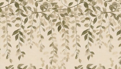 hand drawn branches with leaves hanging from above in beige tones seamless pattern suitable for wallpaper