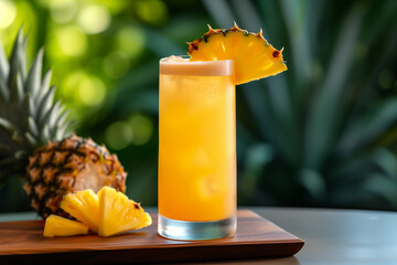 Cocktail presentation in a tall glass with pineapple decoration