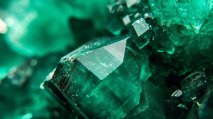 A mesmerizing close-up of a sparkling emerald, showcasing its rich green hues and intricate facets - obrazy, fototapety, plakaty