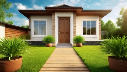 grass in pot and wooden path in front of front door stylish suburban house