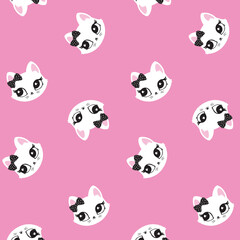 Fototapeta premium Pattern of cute cat. Pink, black, white cutie cat portrait in pastel colors. Sticker, wall art, background, kids room decoration. Cat cute face, portrait, kitten, pretty animal, little pussycat, pet.