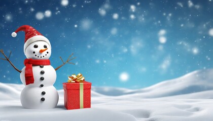 christmas snow man with gift box for happy christmas and new year festival wallpaper merry christmas poster with snowman on snow background