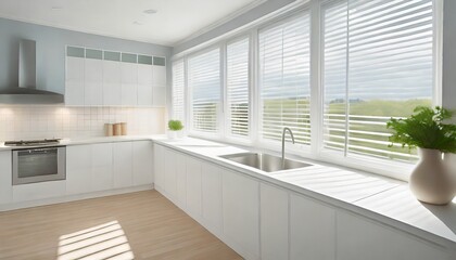kitchen with white window blinds