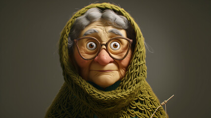 Cartoon elderly woman with knitting needles wearing an olive green shawl, captured in a charming 3D headshot illustration. This warm and whimsical image portrays the joy of knitting, offerin