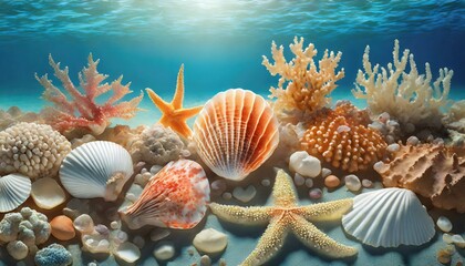 Obraz na płótnie Canvas set of different sea shells corals and starfishes