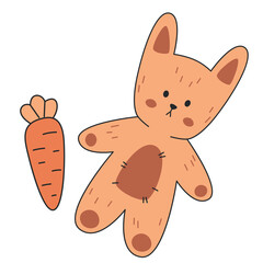 Cute bunny soft toy. A smiling stuffed rabbit with carrot Vector illustration