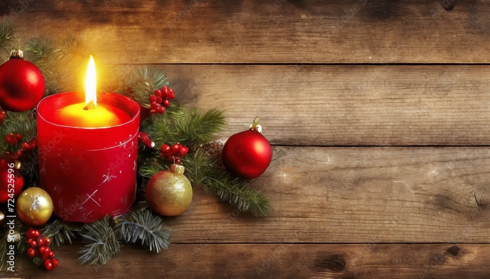 Wall mural christmas burning red candle and christmas decorations on wooden background christmas day horizontal greeting and invatation banner with copy space for advertisement and other usage