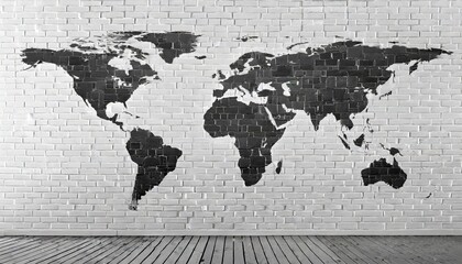 black and white brick world map on brick wall background