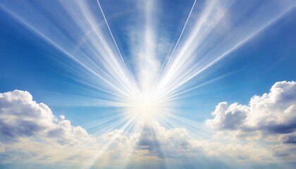 sun light rays or beams bursting from the clouds on a blue sky spiritual religious background generative ai