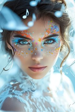 A close-up portrait of a young woman with colorful face paint and a white lace veil.