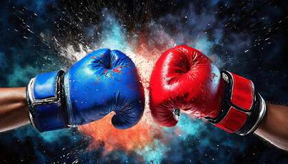 Closeup of the moment of impact between the red and blue boxing gloves on a black background. Concept of competition or combat between opposing forces. Generative Ai.