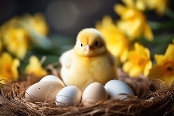 Easter spring table setting decoration, eggs in nest, fresh yellow tulips, ai generated
