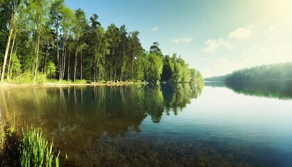 calm placid freshwater lake with dense trees forest on the shore - obrazy, fototapety, plakaty