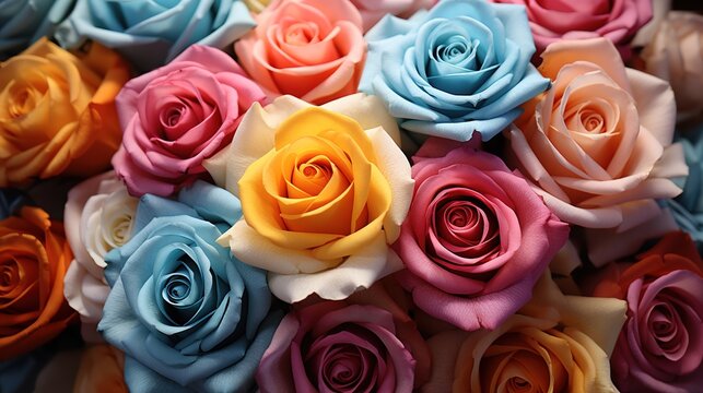Many colorful roses for background. Top view image of colorful roses. Closeup photo of fresh roses.