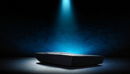 black stone platform podium with blue color light on black background for product display presentation and advertising copy space - obrazy, fototapety, plakaty