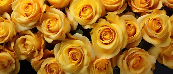 Top view photo of bright yellow roses. Fresh yellow rose pattern. Close up image of yellow roses.