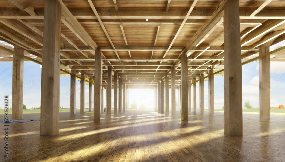 Canvas Prints generative ai illustration interior of spacious building construction of frame house under construction with wooden pillars