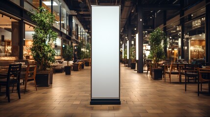 Empty white frame for commercials. Blank billboard in a shopping mall. Empty screen for marketing.