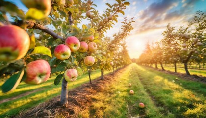 fruit farm with apple trees branch with natural apples on blurred background of apple orchard in golden hour concept organic local season fruits and harvesting  technology - obrazy, fototapety, plakaty