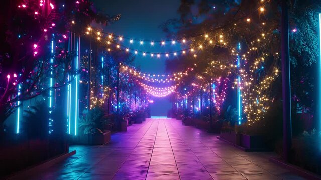 Landscaped pathways lined with neon string lights leading to different party zones.