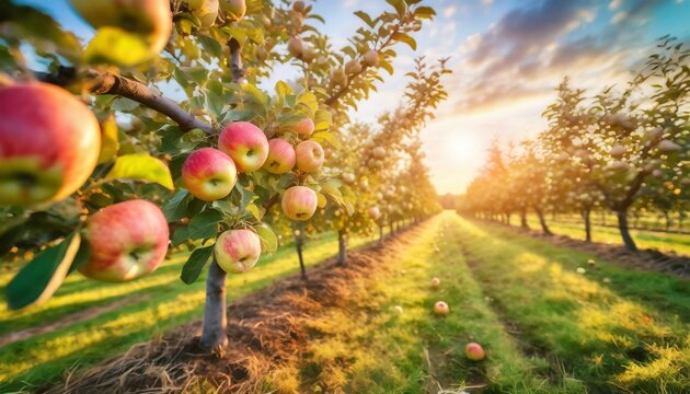 fruit farm with apple trees branch with natural apples on blurred background of apple orchard in golden hour concept organic local season fruits and harvesting  technology