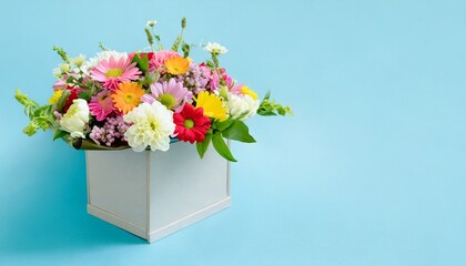 a bunch of fresh blooming flowers placed in box on blue background generative ai