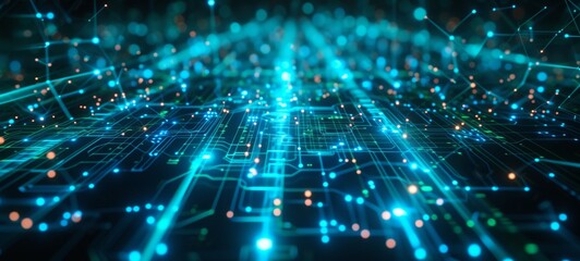 Blue and green glowing digital circuitry with nodes and lines forms a dynamic and futuristic techno landscape